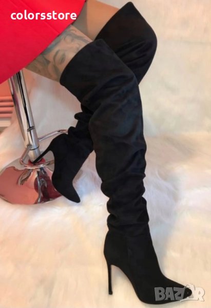 Чизми на ток - черен велур - 1102, снимка 1