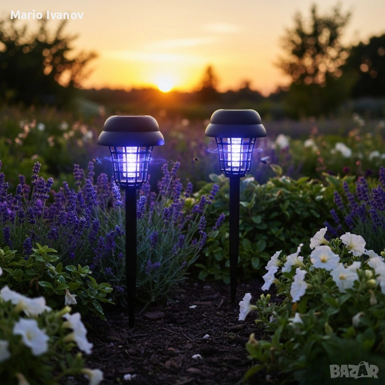 Соларна лампа против комари за открито – комплект 2 броя с UV защита и декоративно осветление, снимка 1