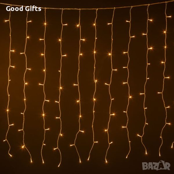 Коледни лампички Завеса, 200 LED, Наситено Топло бяло, 5м, Прозрачен кабел, снимка 1