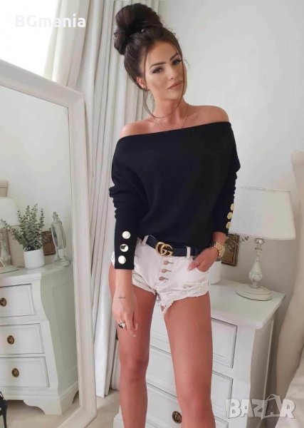 Блуза в черно с лодка деколте размер Л дълъг ръкав, снимка 1