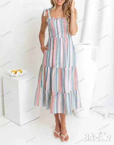 Нов стил дамска рокля с презрамки с цветни контрастни райета, снимка 1