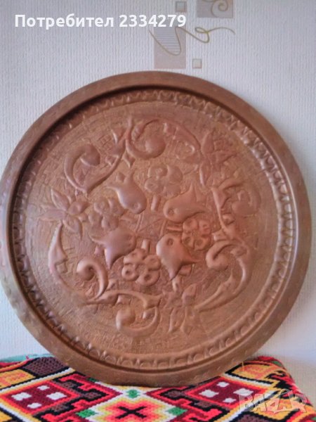 Стара медна чиния поднос,ръчна авторска металопластика., снимка 1