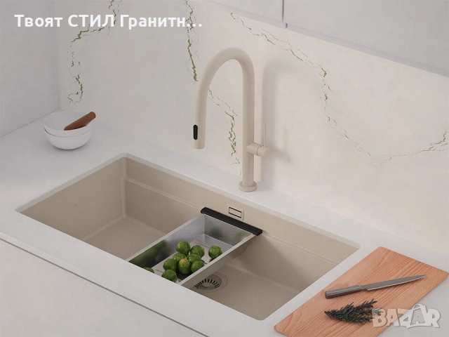 Бежова кухненска мивка за вграждане под плот Прага 90 Level 860 x 470 мм, снимка 3 - Мивки - 53995134