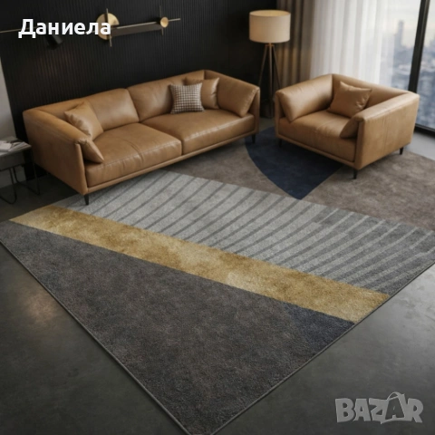 Модерен килим за хол 120х160см - Сиво с диагонална златна лента и 3D ефект, Противоплъзгащ, снимка 3 - Други стоки за дома - 53882084