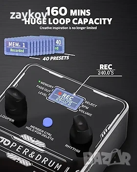 STRICH Стерео педал за китара с вграден барабанен компютър, 100 барабанни патерна, снимка 6 - Китари - 53889685