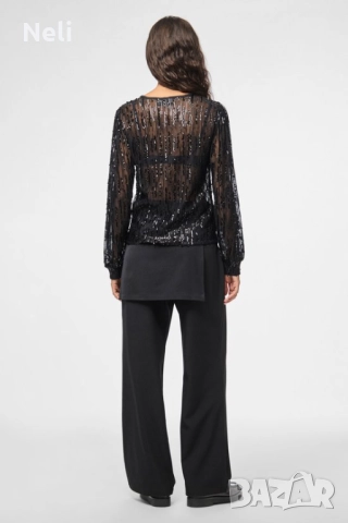 Черна блуза с Пайети, снимка 4 - Ризи - 52830529
