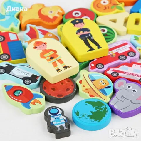 Монтесори Пъзел и Сортер с дървени фигурки и магнитен риболов, снимка 5 - Образователни игри - 48345134