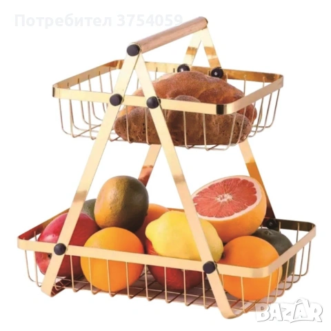 Двуетажна метална поставка за плодове Cheffinger – златист дизайн, компактна и стабилна, снимка 4 - Декорация за дома - 53174135