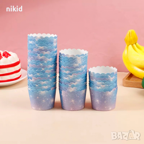 10 бр Сини Галакси Картонени хартиени кошнички КъпкейК капсули поставки чашки за мъфини кексчета
