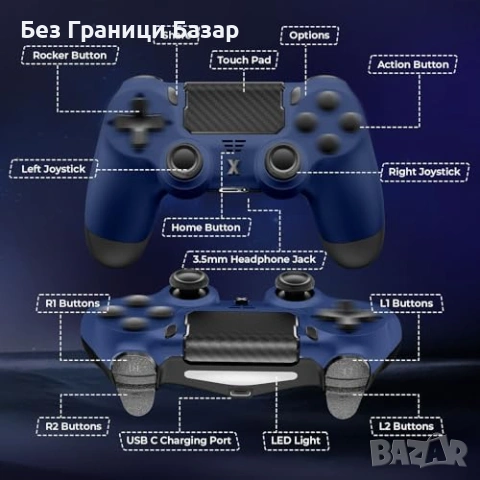 Нов джойстик контролер Bluetooth геймпад за PS4 Slim Pro PC с вибрация и жак 3.5 мм, снимка 5 - Аксесоари - 54131202