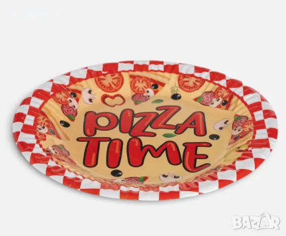 Хартиени парти чинии червени на каре „Pizza Time“ Ø18 см – 12 бр., снимка 2 - Чинии - 56105082