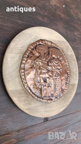 Стара българска медна икона - кована мед - Архангел Михаил и старозаветен пророк Аарон, снимка 6 - Антикварни и старинни предмети - 53255581