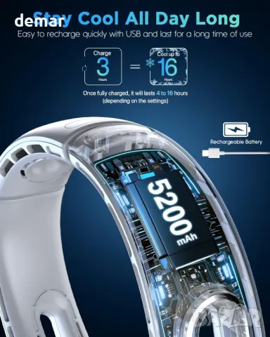 Вентилатор за врат: Портативен с 5200mAh батерия, снимка 4 - Други - 49796064