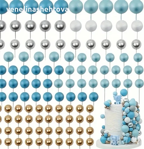 115 броя сини бели златисти топчета топки на тел от стиропор за декорация на торта 