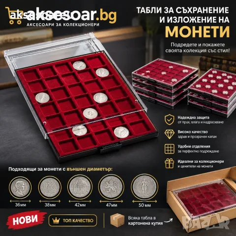 Чисто нови PVC прозрачни табли за монети ELITE PLAST с велур и защитен капак тип чекмедже