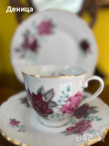 Haas & Czkek  Троен сет с нежен златен кант и релеф Винена и розова роза с ментови листенца , снимка 4 - Чаши - 51800629