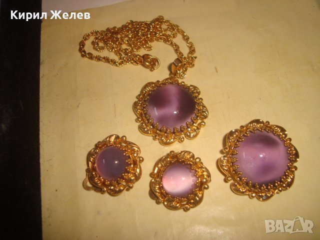 ПОЗЛАТЕНИ КОЛИЕ ОБЕЦИ БРОШКА БРОНЗ с ЮВЕЛИРНО ШЛИФОВАНО КОТЕШКО ОКО АРТ ДЕКО ПРЕКРАСНИ БИЖУТА 27967, снимка 5 - Бижутерийни комплекти - 37115412