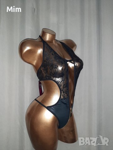  М/L Черно боди от дантела и кожа с цип , снимка 4 - Бельо - 38477629