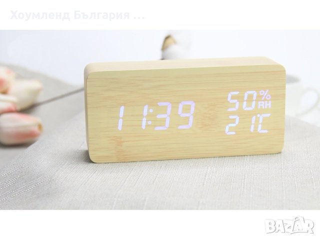 Бамбуков LED часовник с аларма, влажност и температура, снимка 5 - Дамски - 42198643