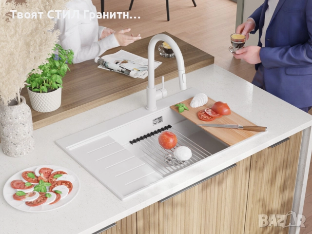 Бяла гранитна кухненска мивка Сидни 780-60 Ergo Multilevel 780х500, снимка 5 - Мивки - 51918250