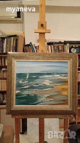 Картина с маслени бои върху платно в масивна  рамка . "Морски бриз“ , художник Петя Хинкова. 