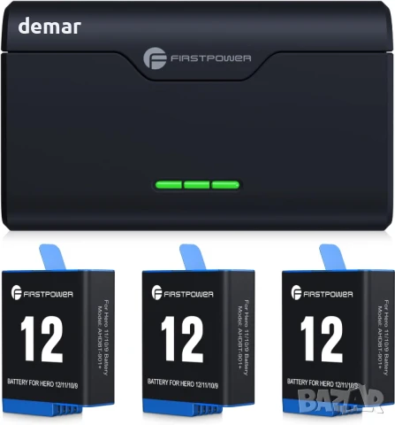 FirstPower Hero 12/11/10/9 Батерии 3 броя 2250mAh и бързо зарядно с три слота, USB