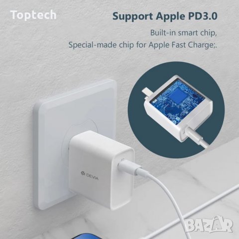 Зарядно PD адаптер 20w за бързо зареждане Devia,бяло,с чип за Apple, снимка 2 - Оригинални зарядни - 32188283