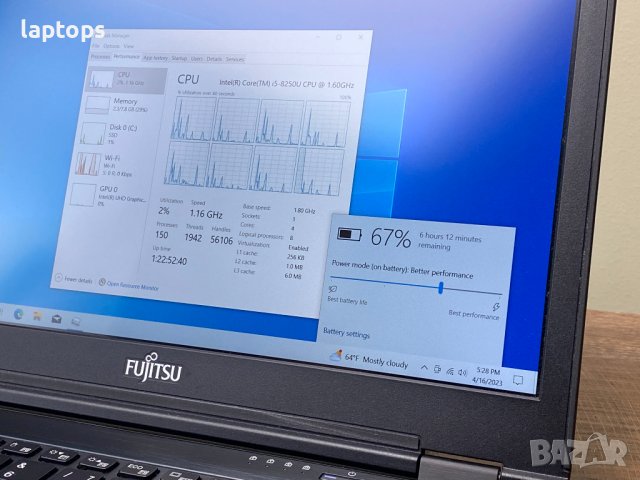 Лаптоп FUJITSU LIFEBOOK U728 12.5"/I5-8250U/8GB/256GB SSD/12.5/FullHD/DP/Камера/Win10 PRO , снимка 6 - Лаптопи за дома - 40383902