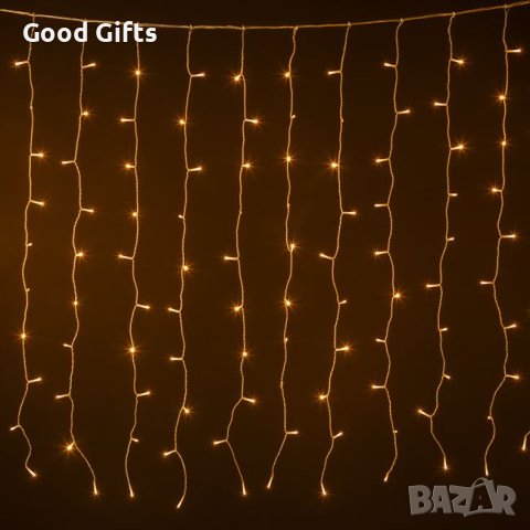 Коледни лампички Завеса, 200 LED, Наситено Топло бяло, 5м, Прозрачен кабел