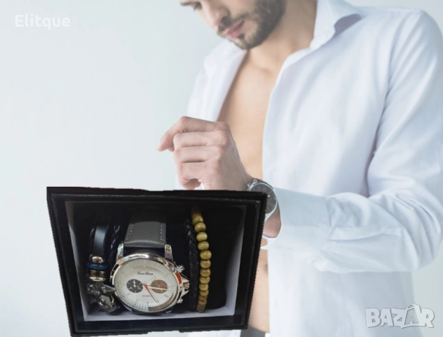 Стилен мъжки часовник в комплект с гривни, снимка 4 - Мъжки - 52778142