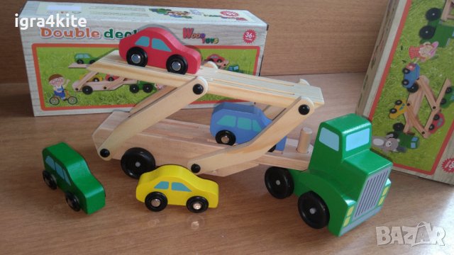 Подвижен Дървен Автовоз камион с 4 колички и голяма дървена платформа , снимка 14 - Образователни игри - 36583993