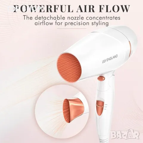 Сгъваем преносим пътен сешоар Lily England, Розово злато, 1800 вата, снимка 3 - Сешоари - 48623921