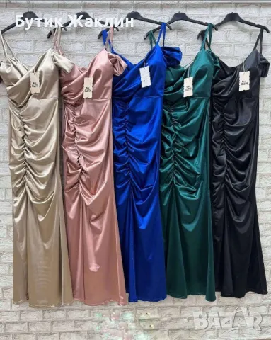 Дълги сатенени рокли по тялото с разчупена кройка, снимка 1