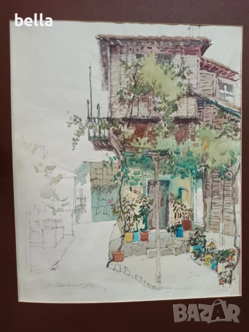 Стар  акварел с паспарту ,смесена техника на Владимир Мански, снимка 5 - Антикварни и старинни предмети - 51428871