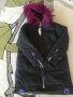 Детско яке с гъши пух 140 см. черно с лилава яка , надпис и ципове, снимка 1