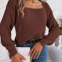 Небрежен едноцветен дамски плетен пуловер с квадратно деколте, 3цвята - 023 , снимка 9 - Блузи с дълъг ръкав и пуловери - 42237722
