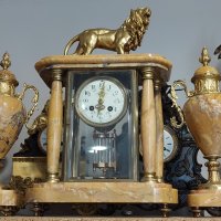 19 век-Портален френски каминен часовник-жълт мрамор и бронзов лъв, снимка 5 - Стенни часовници - 44327363