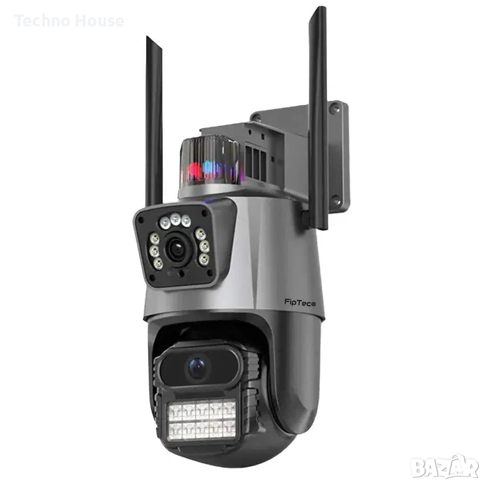 Двойна външна въртяща WiFi AI камера 8MP с два обектива, ICSee, Черна, снимка 1