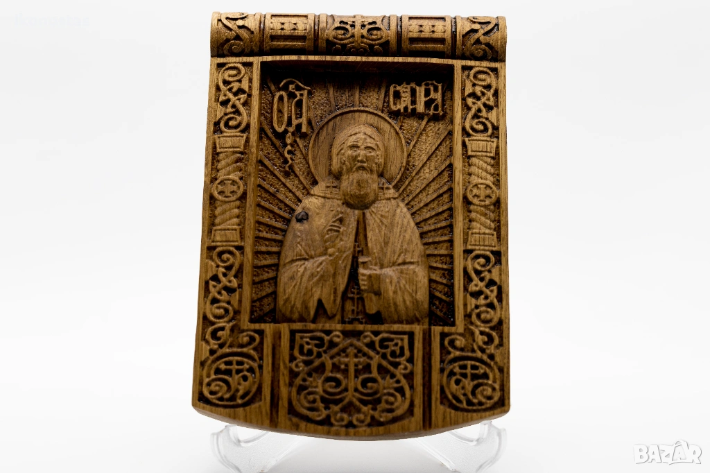 Релефна икона на свети Сергий Радонежски от масивен дъб, снимка 1