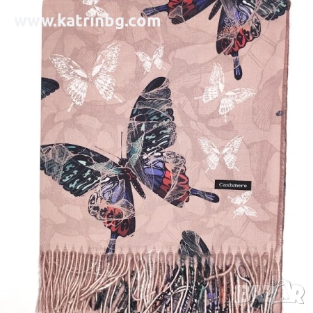 Кашмирен дамски шал в розово с пеперуди и ресни Код на продукта:sh-10-3, снимка 1