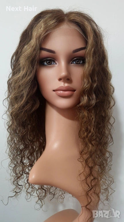 Афро къдрава естествена перука, кафява с руси кичури, 55 см, Lace 4х4, снимка 1