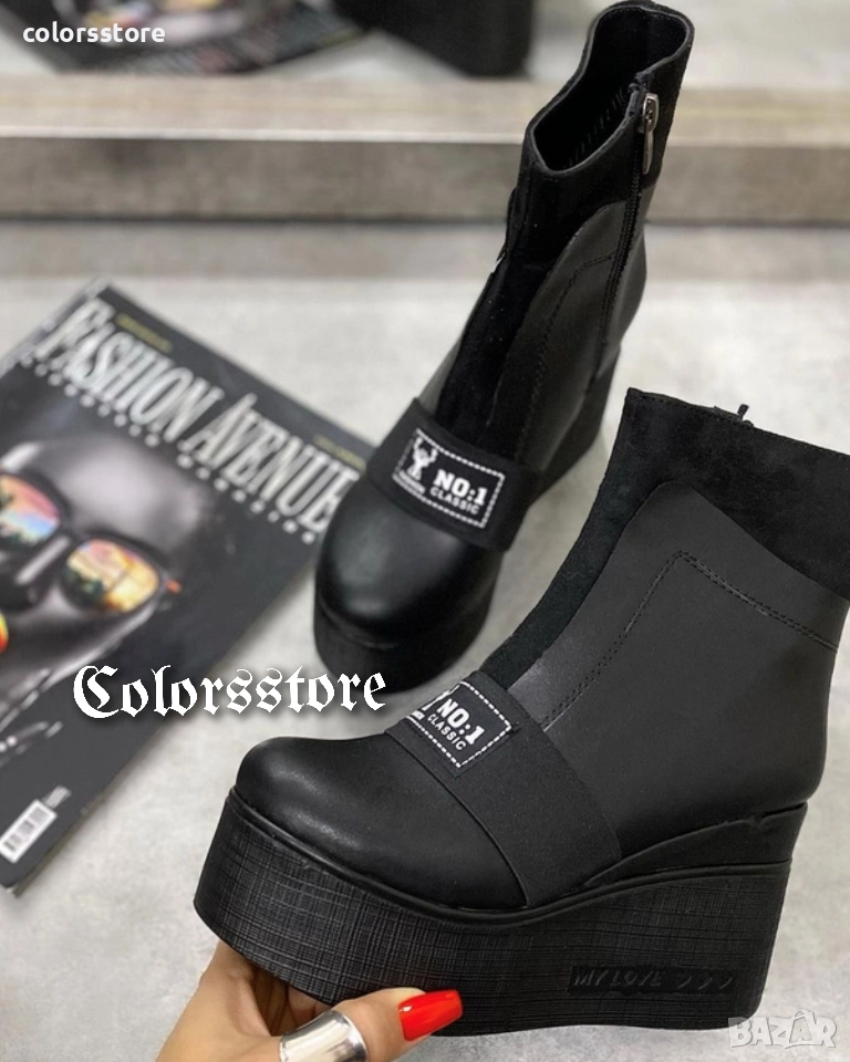 Боти на платформа - черна кожа - K135, снимка 1