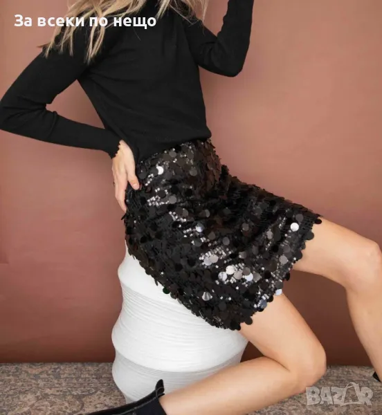 Дамска Стилна Къса Пола С Пайети В Черен Цвят Код LFS353, снимка 1