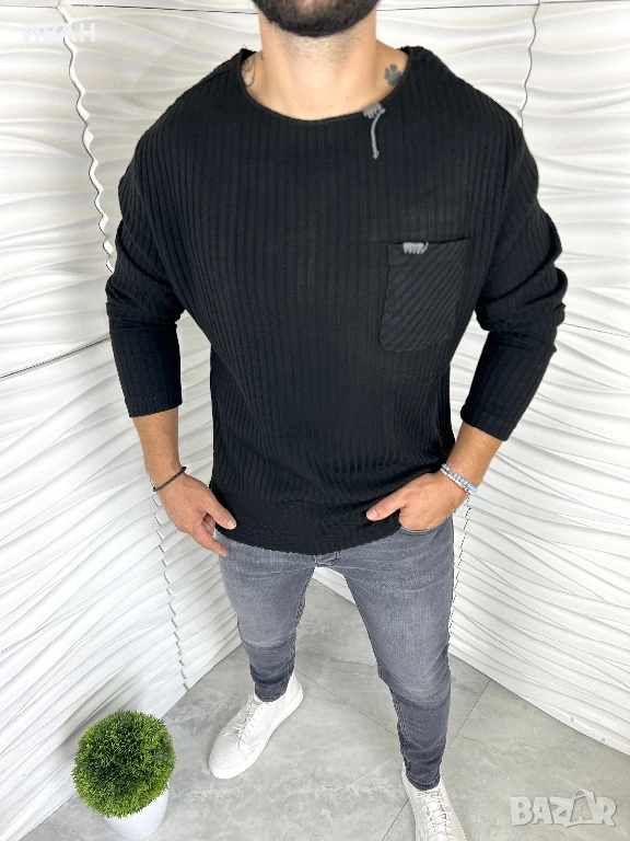 Мъжка релефна блуза в черно с джоб отпред, снимка 1