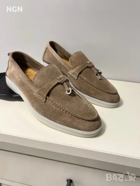 Дизайнерски дамски мокасини в тъмно бежов велур, снимка 1