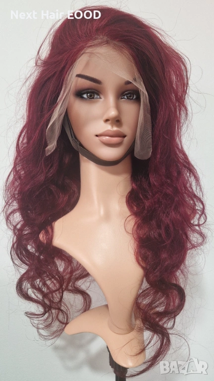 Естествена бразилска перука 75 см - тъмно червена, чуплива, дантелена зона 13x6, снимка 1