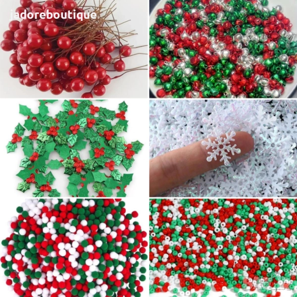 Коледни елементи различни видове за декорация/ картички/ скрапбук снежинки плодчета звънчета помпони, снимка 1