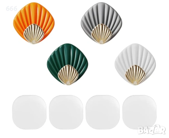 Комплект от 4 цветни самозалепващи кукички за кърпи с черупки, без пробиване, за баня, кухня и др