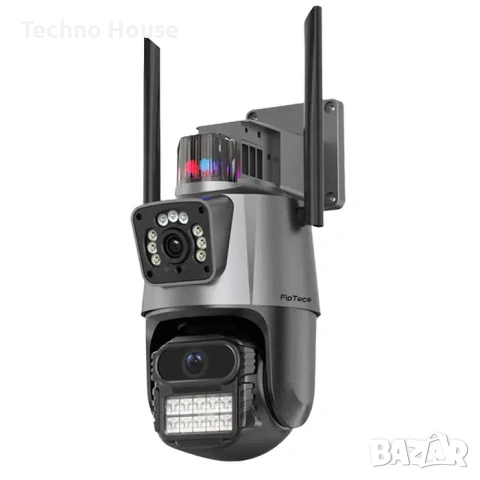 Двойна външна въртяща WiFi AI камера 8MP с два обектива, ICSee, Черна