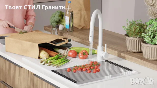 бяла кухненска мивка от гранит Копенхаген 780х500 Top 50, снимка 4 - Мивки - 47903875